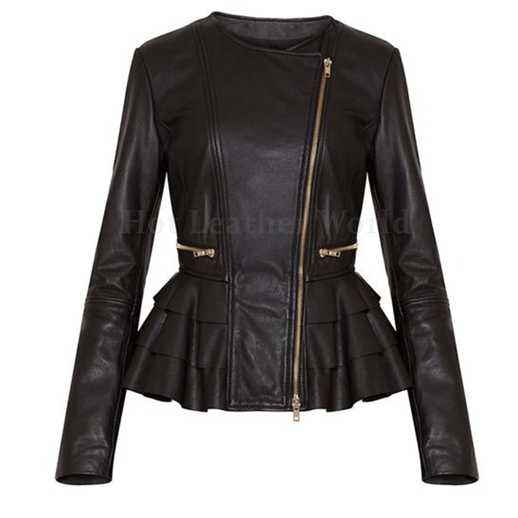 Layered Peplum Casual Women Leather Jacket -  HOTLEATHERWORLD