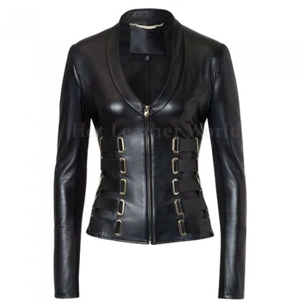 Belted Details Women Leather Biker Jacket -  HOTLEATHERWORLD