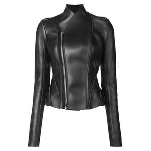 Asymmetric Zipper Fastening Women Leather Jacket -  HOTLEATHERWORLD