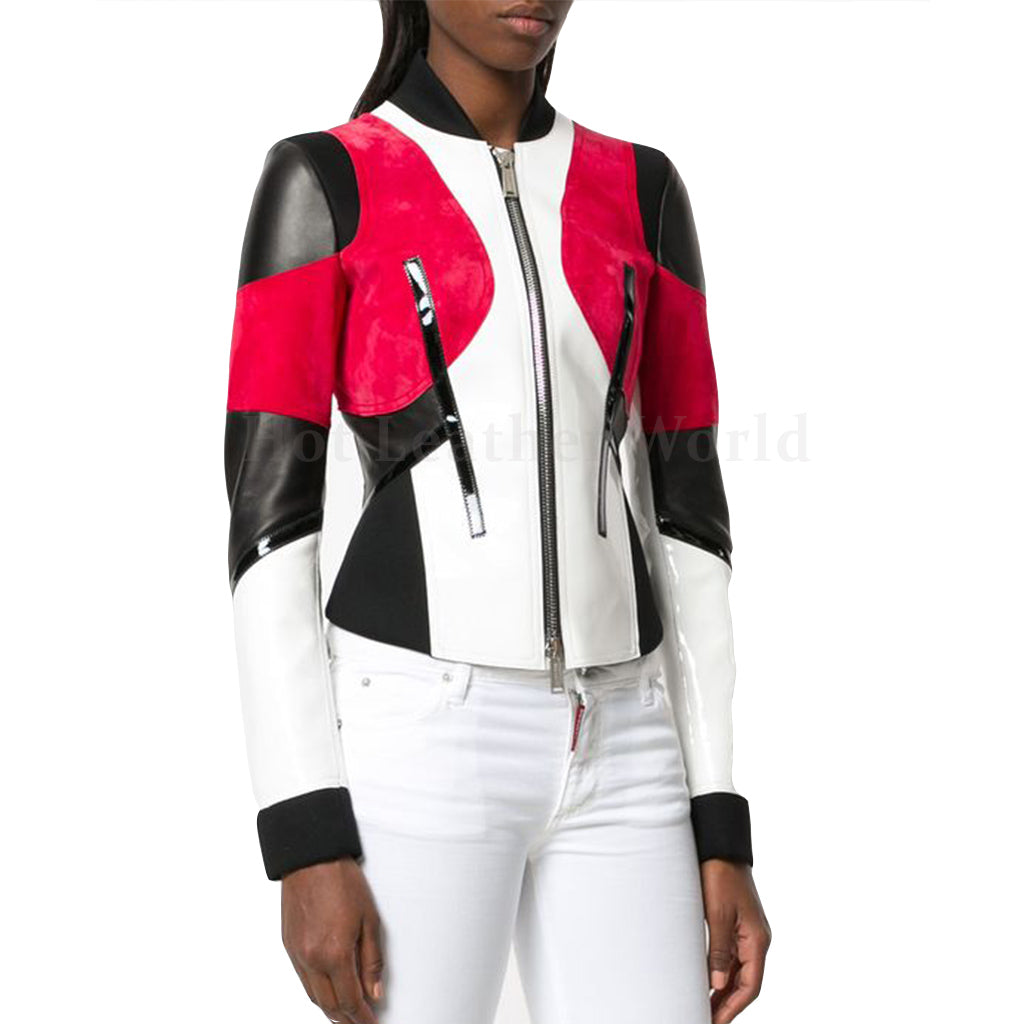 Color Block Paneled Women Leather Biker Jacket -  HOTLEATHERWORLD
