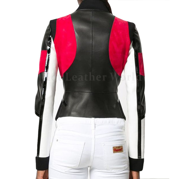 Color Block Paneled Women Leather Biker Jacket -  HOTLEATHERWORLD