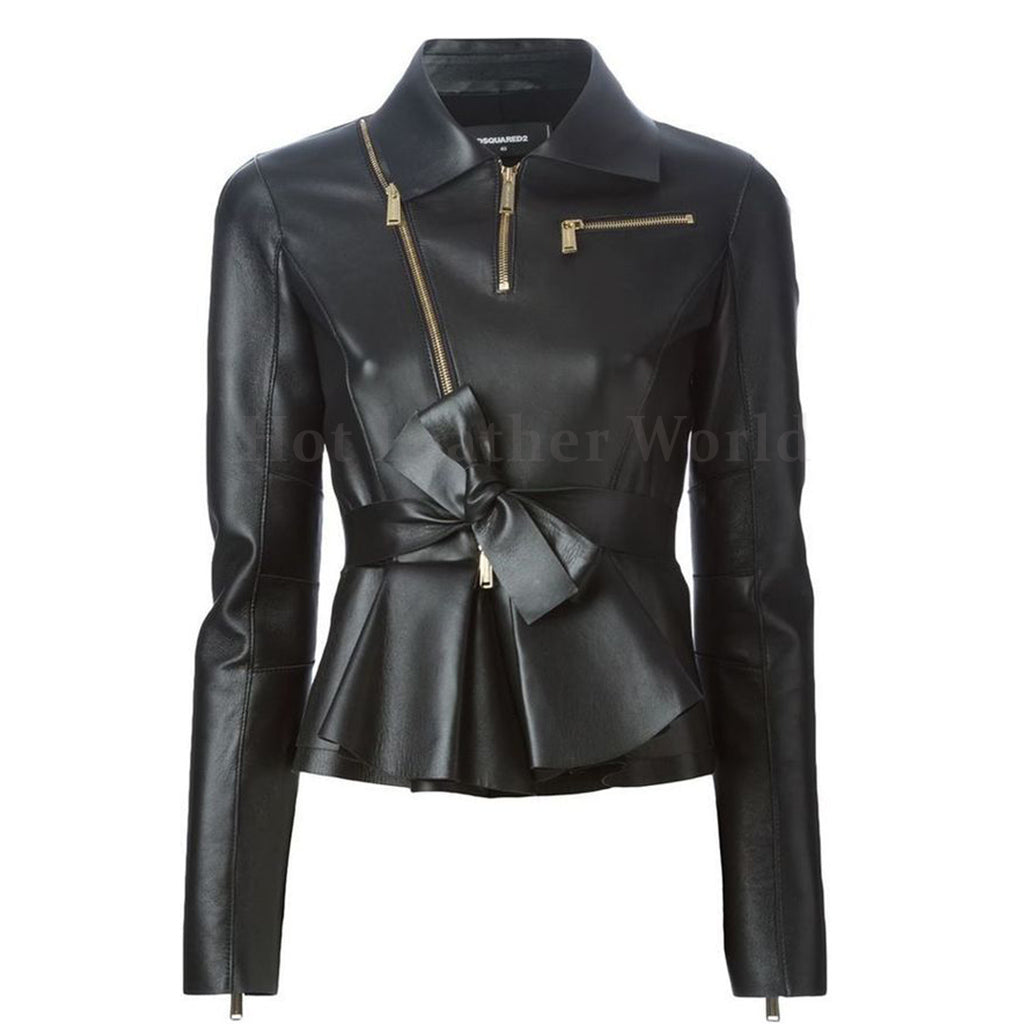 Bow Detailed Belted Waist Peplum Women Leather Jacket -  HOTLEATHERWORLD