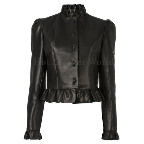 Ruffled Hem and Neck Women Leather Jacket -  HOTLEATHERWORLD