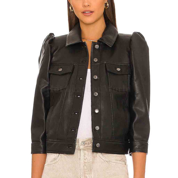 Classy Black Puffed Sleeves Women Trucker Leather Jacket -  HOTLEATHERWORLD