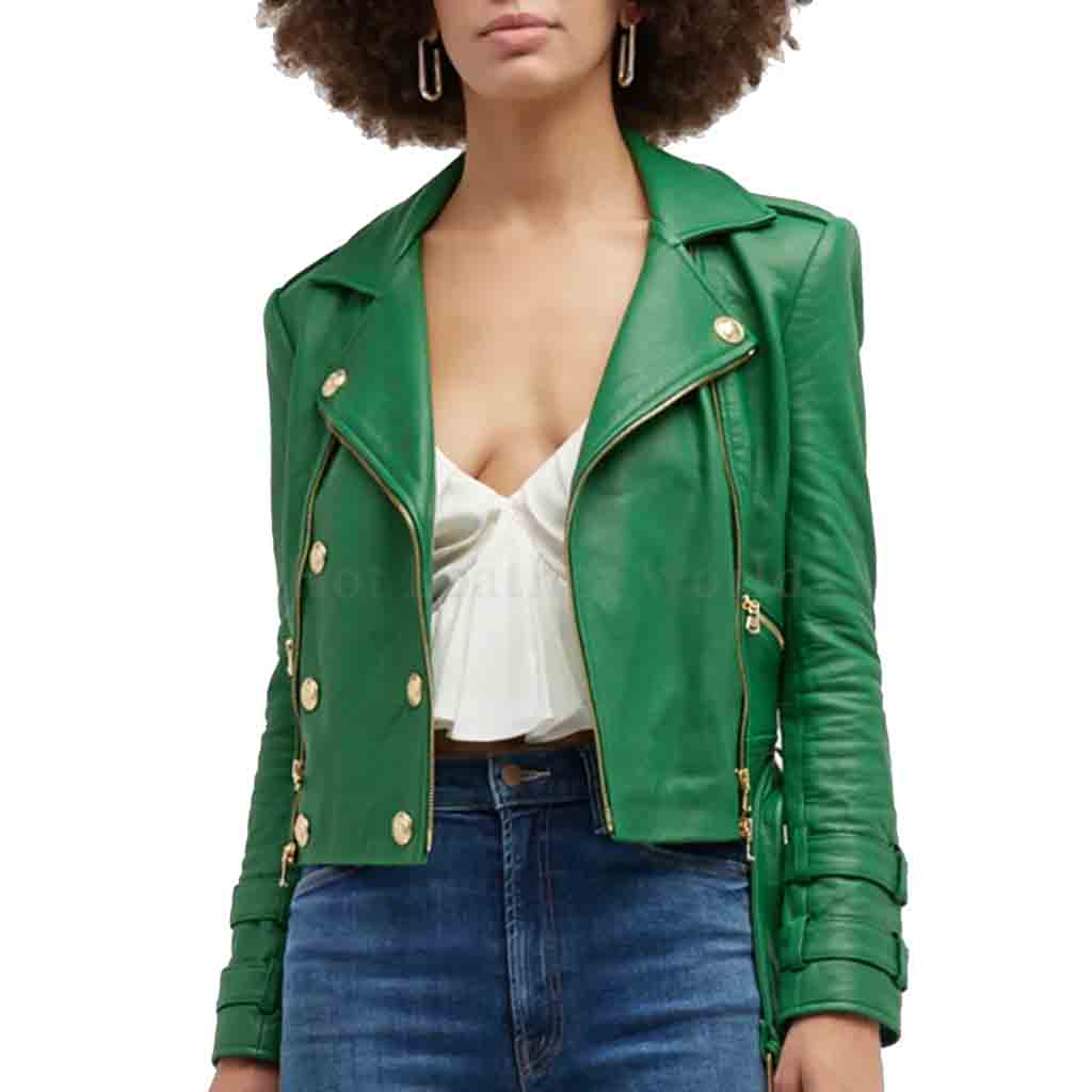 Bright Green Zipper Detailed Women Moto Leather Jacket -  HOTLEATHERWORLD