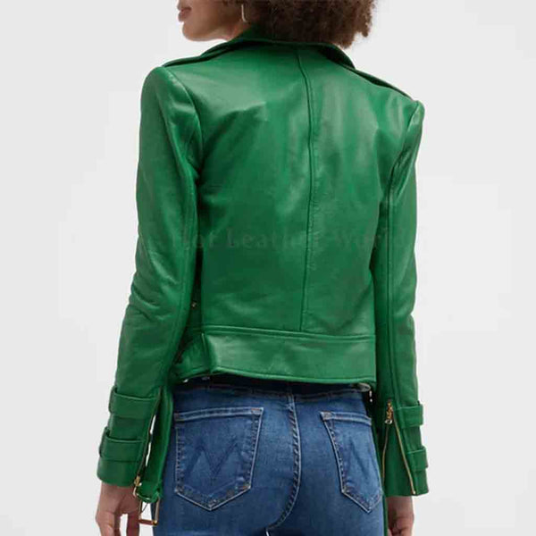 Bright Green Zipper Detailed Women Moto Leather Jacket -  HOTLEATHERWORLD