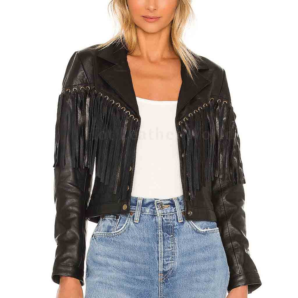 Solid Black Fringe Detailed Women Leather Jacket -  HOTLEATHERWORLD