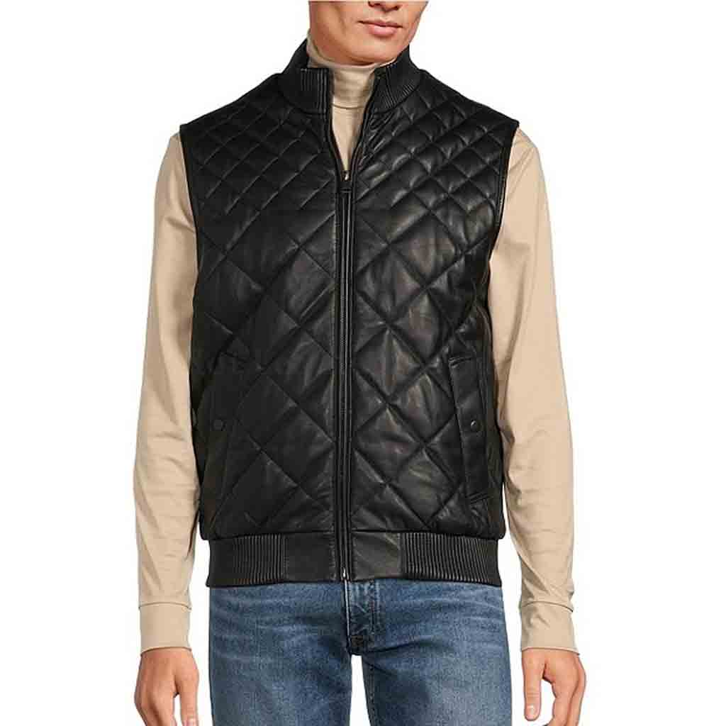 Classy Black Diamond Quilted Men Leather Vest