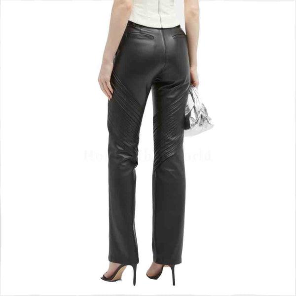 Solid Black Pin Tucks Detailed Women Leather Pant -  HOTLEATHERWORLD