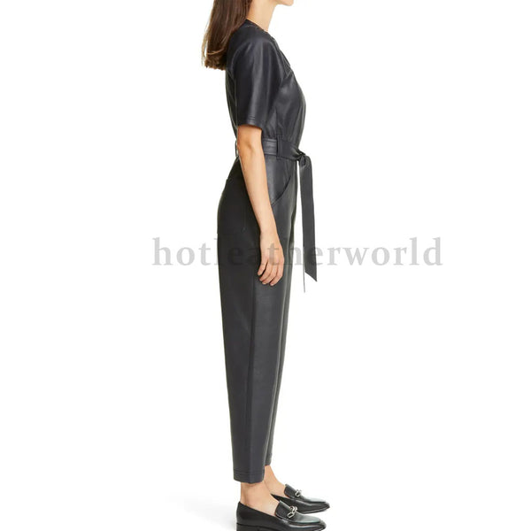 Round Neck Half Sleeves Cropped Women Leather Jumpsuit -  HOTLEATHERWORLD