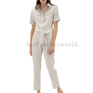 Half Sleeves Casual Evening Suede Leather Jumpsuit -  HOTLEATHERWORLD