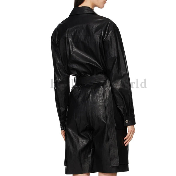Summer Cropped Women Belted Waist Leather Jumpsuit -  HOTLEATHERWORLD