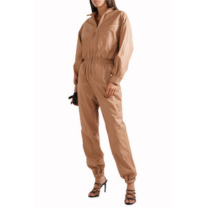 Front Zipper Elastic Waist Women Leather Jumpsuit -  HOTLEATHERWORLD