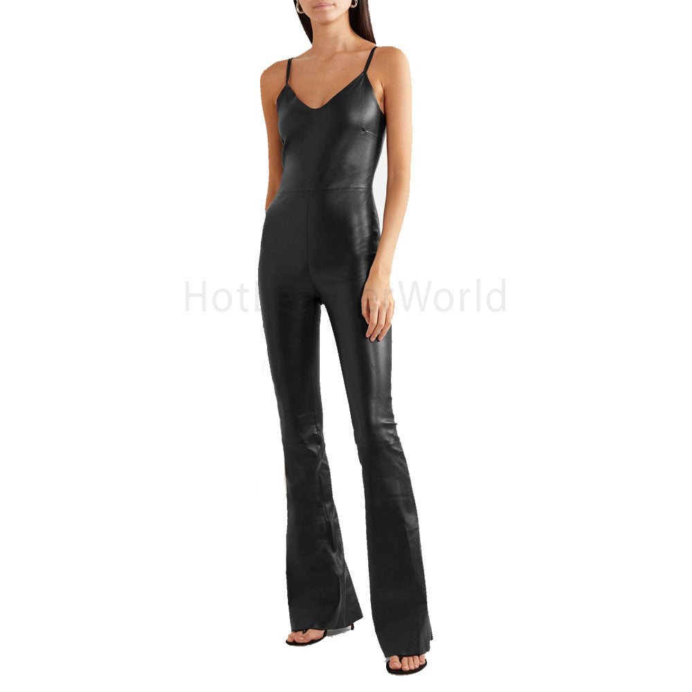 V Neckline Leather Women Leather Jumpsuit -  HOTLEATHERWORLD