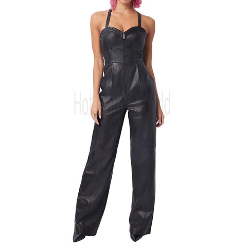 Stylish Black Straight Leg Women Hot Leather Jumpsuit -  HOTLEATHERWORLD