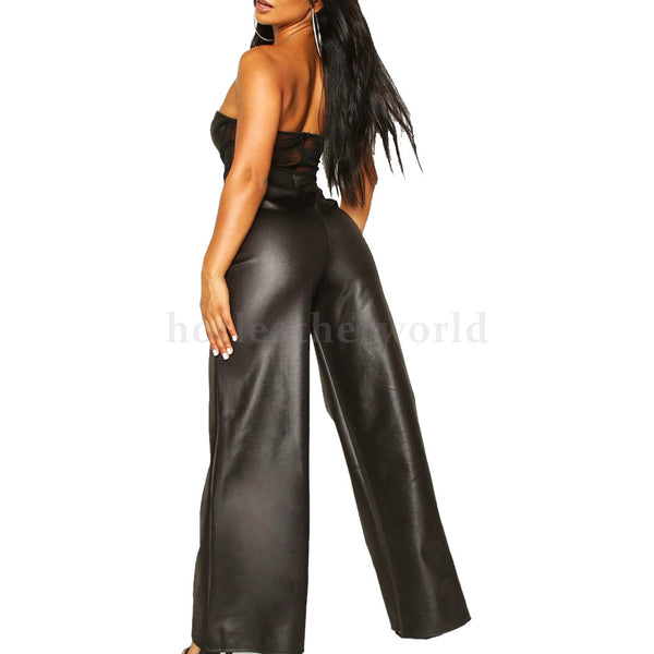 Mesh Corset Women Leather Jumpsuit -  HOTLEATHERWORLD