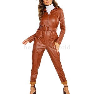 Crocodile Embossed Belted Pocket Leather Jumpsuit for Women -  HOTLEATHERWORLD