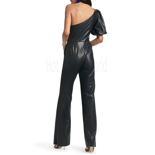 Chic Black One Shoulder Flared Women Leather Jumpsuit -  HOTLEATHERWORLD