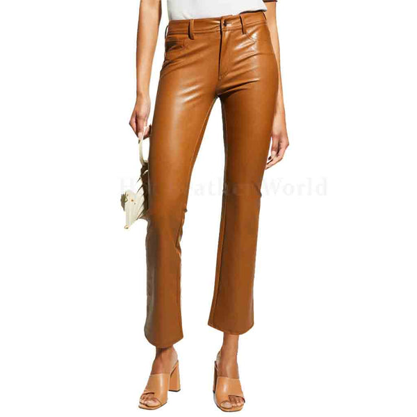 Classy Brown Lightly Flared Women Leather Pants -  HOTLEATHERWORLD