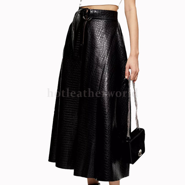 Crocodile Embossed Leather Midi Skirt -  HOTLEATHERWORLD