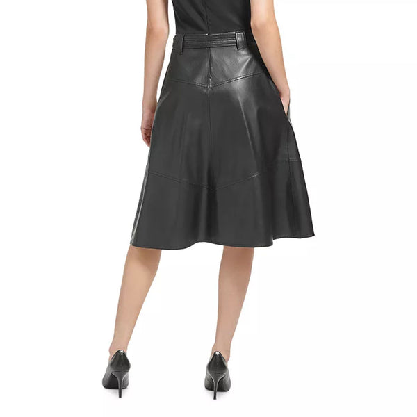 Solid Black Buttoned Front A Line Women Leather Skirt -  HOTLEATHERWORLD