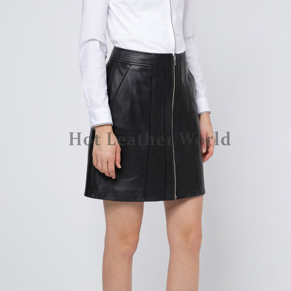 Center-Front Zip  A-Line Leather Skirt -  HOTLEATHERWORLD