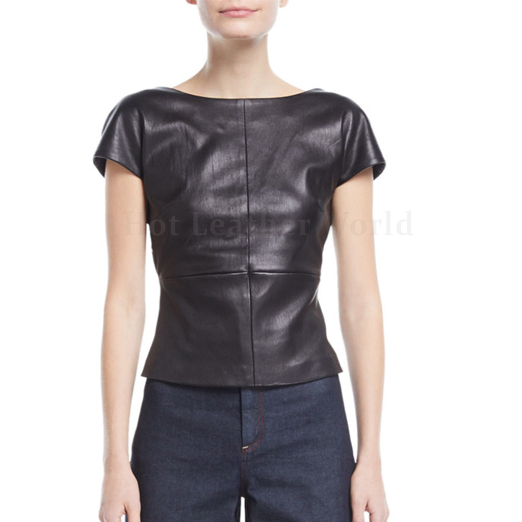 Cap Sleeves Backless Women Leather Top -  HOTLEATHERWORLD
