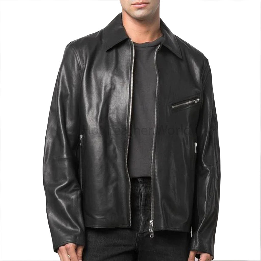 Minimal Black Men Casual Leather Jacket | HOTLEATHERWORLD