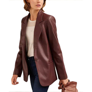 Dark Brown Minimal Women Leather Blazer -  HOTLEATHERWORLD