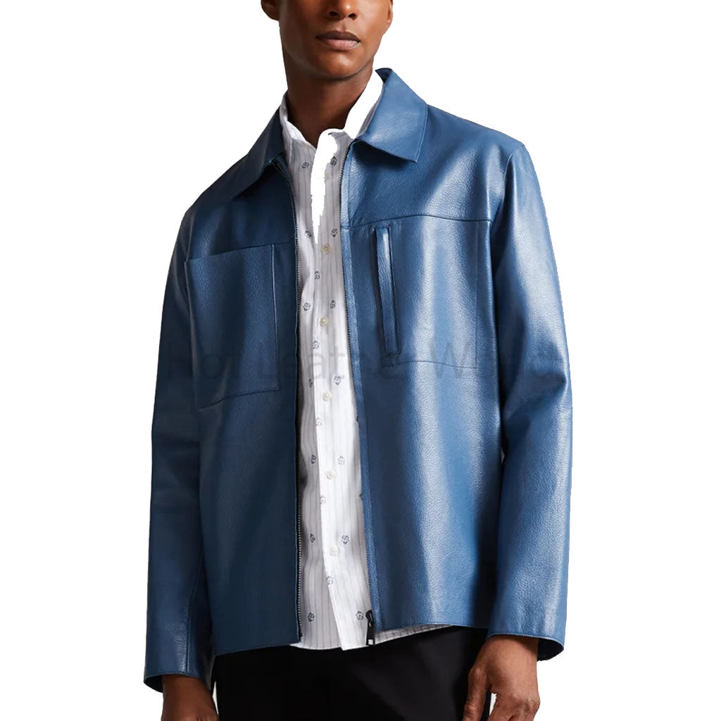 Classic Blue Zip Up Men Genuine Leather Shirt -  HOTLEATHERWORLD