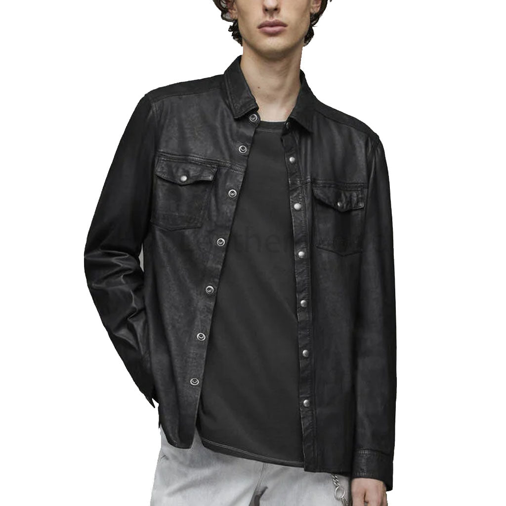 black leather dress shirt Stylish Black Men Button Down Leather Shirt 2XL / Black