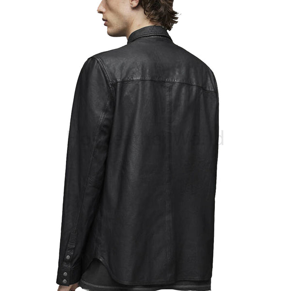 Classic Black Snap Buttoned Men Genuine Leather Shirt -  HOTLEATHERWORLD