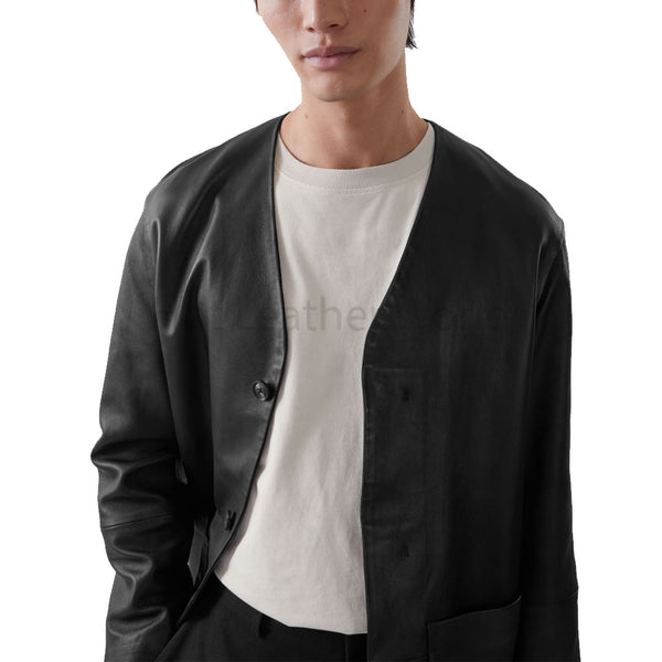 Chic Black V Neck Men Genuine Leather Shirt -  HOTLEATHERWORLD