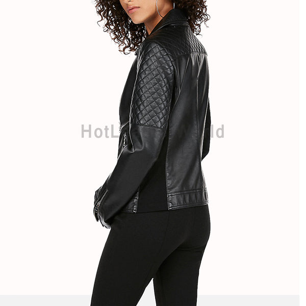 Quilted Sleeves Women Leather Moto Jacket -  HOTLEATHERWORLD