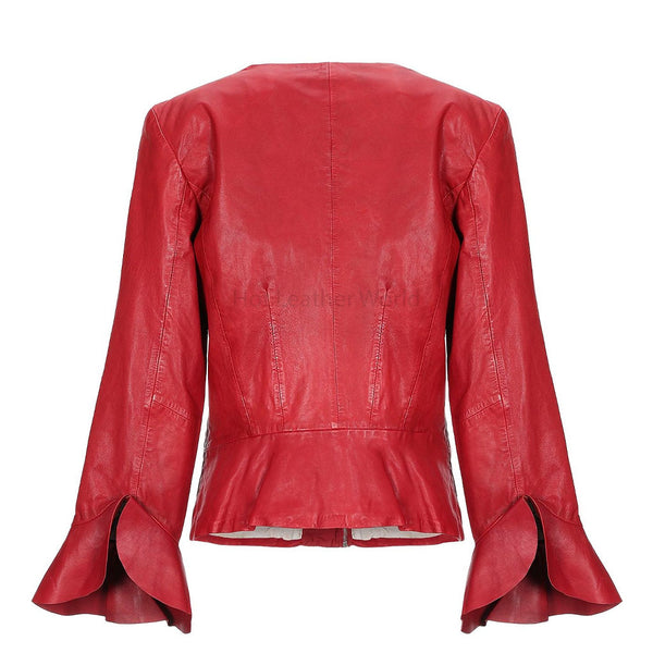 Bright Red Ruffle Sleeve Women Leather Jacket -  HOTLEATHERWORLD