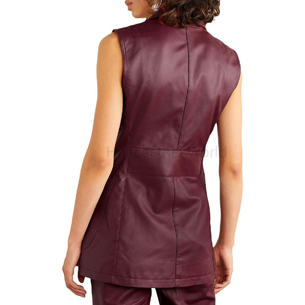 Stylish Burgundy Sleeveless Women Leather Blazer -  HOTLEATHERWORLD