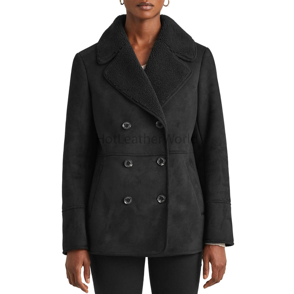 Shearling Collar Genuine Leather Women Double-breasted Coat -  HOTLEATHERWORLD