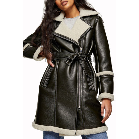 Shearling Lined Genuine Leather Women Winter Coat -  HOTLEATHERWORLD
