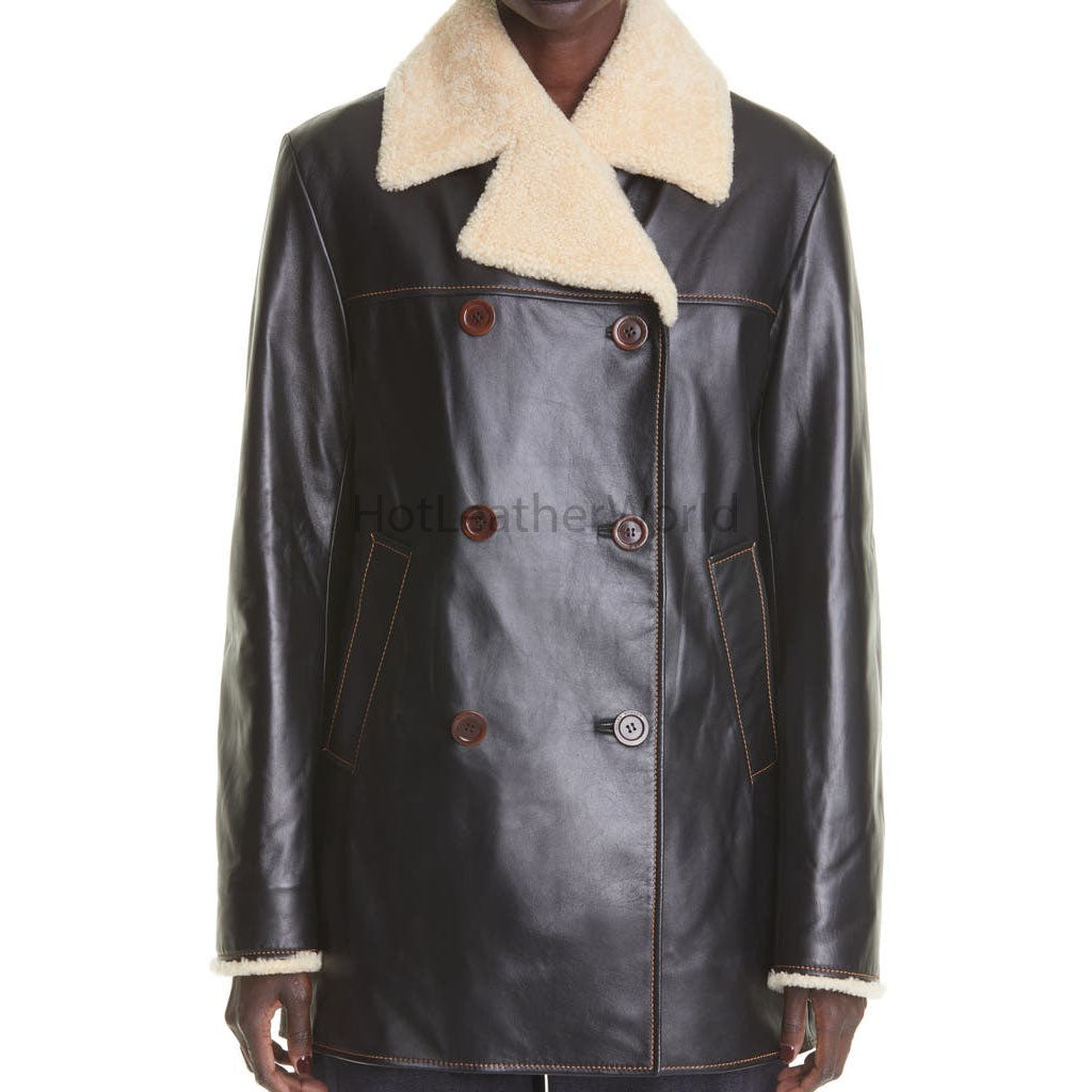 Shearling Lined Genuine Leather Men Double Breasted Coat -  HOTLEATHERWORLD