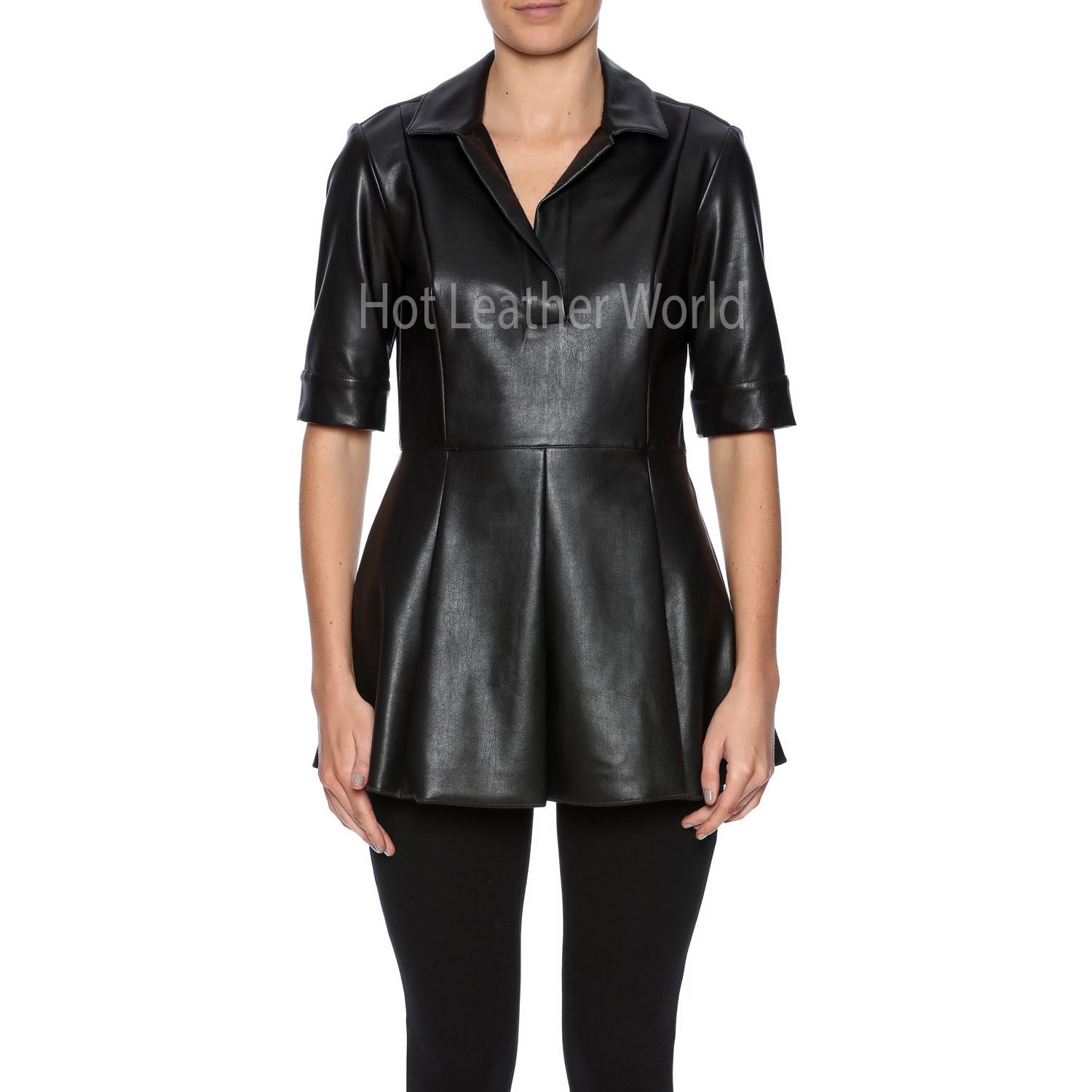 Faux Leather Peplum Top -  HOTLEATHERWORLD