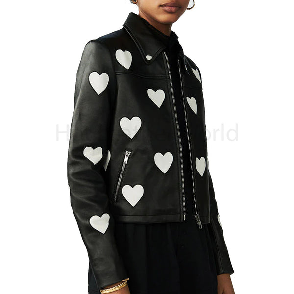 Cute Black and White Heart Detailed Women Leather Jacket -  HOTLEATHERWORLD