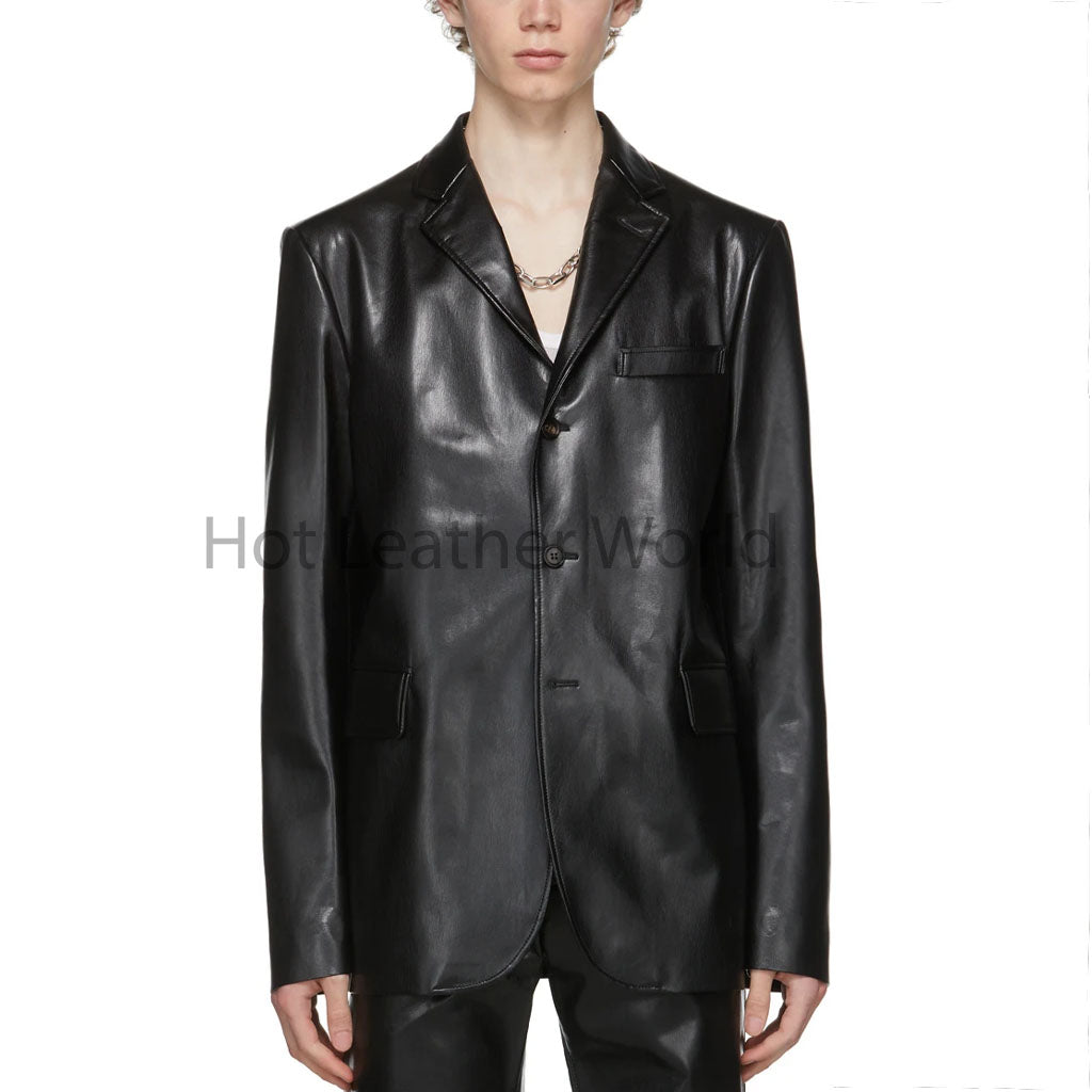 Minimal Black Buttoned Men Genuine Leather Blazer -  HOTLEATHERWORLD