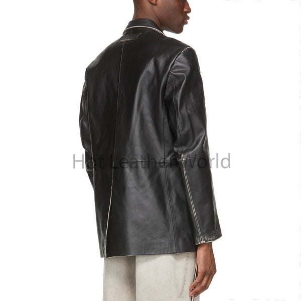 Elegant Black With White Piping Detailed Men Leather Blazer -  HOTLEATHERWORLD
