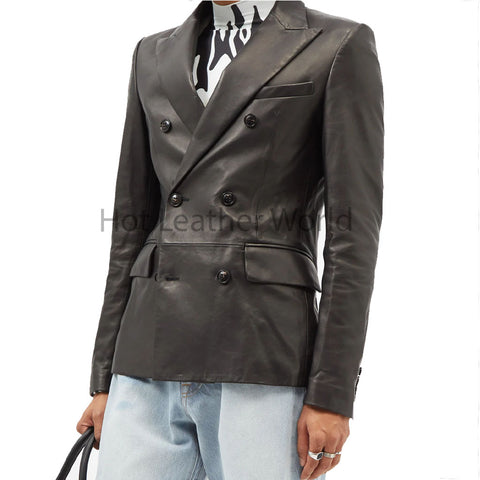 Premium Black Double Breasted Men Leather Blazer -  HOTLEATHERWORLD