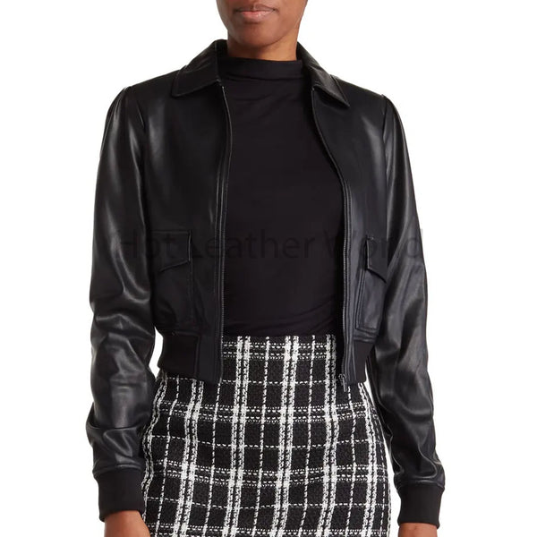 Solid Black Blouson Style Women Cropped Leather Jacket -  HOTLEATHERWORLD