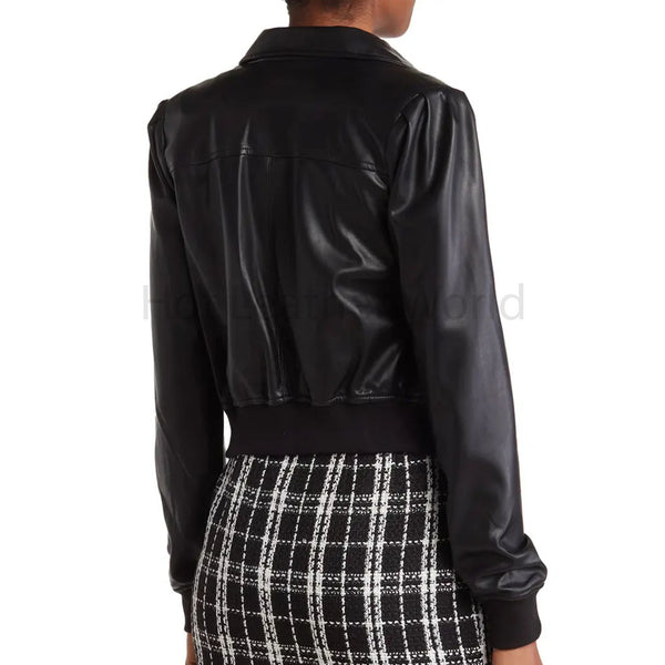 Solid Black Blouson Style Women Cropped Leather Jacket -  HOTLEATHERWORLD