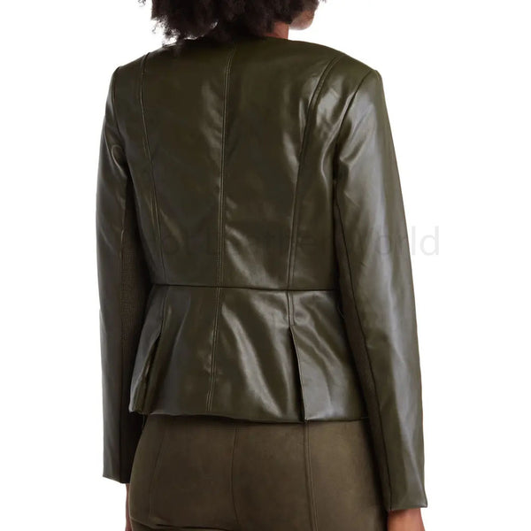 Olive Minimal Peplum Women Leather Jacket -  HOTLEATHERWORLD