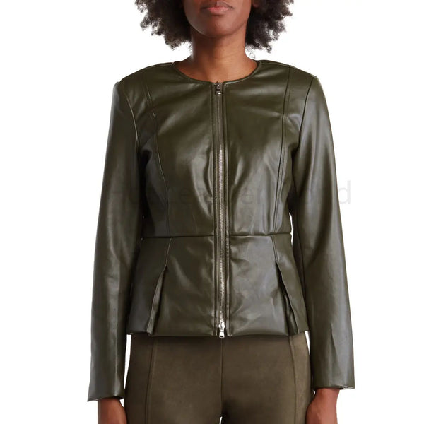 Olive Minimal Peplum Women Leather Jacket -  HOTLEATHERWORLD