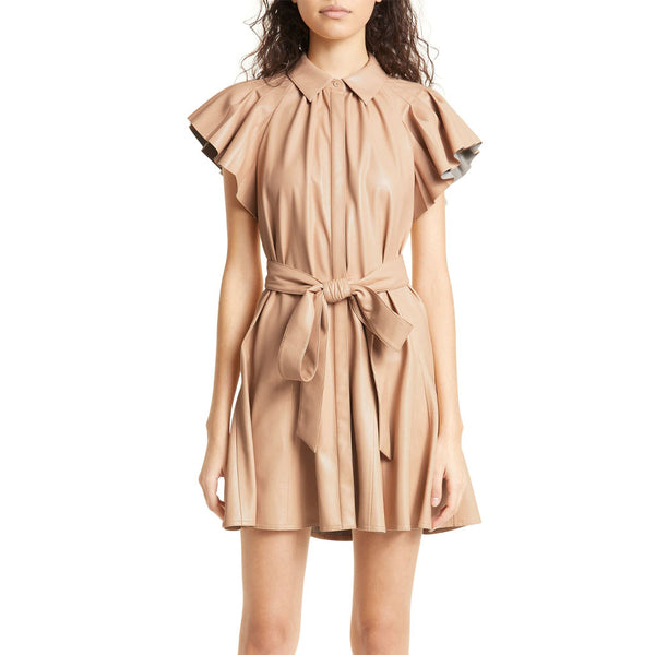 Warm Beige Fit And Flared Women Mini Elegant Leather Dress -  HOTLEATHERWORLD