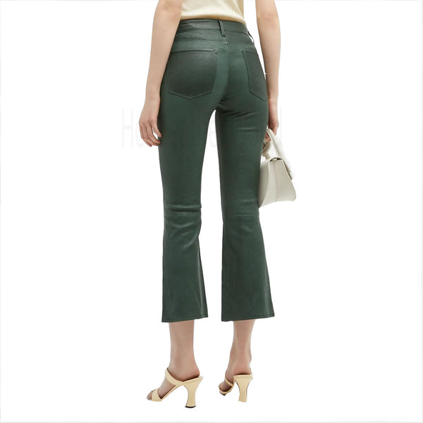 Forest Green Multi Pockets Women Cropped Leather Pant -  HOTLEATHERWORLD